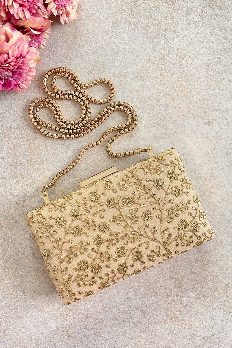 Beige sequin embroidered box clutch