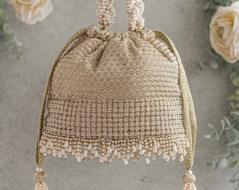 Champagne Bridal Bucket Bag for wedding party, evening bags for women, gifts for her, designer bag, Diwali festive bags