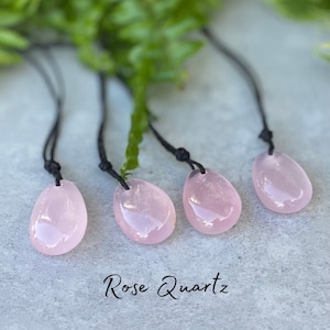 Rose Quartz Pebble Pendant Necklace - Handmade - Adjustable Natural Cord