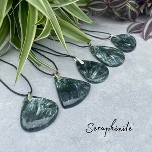 Seraphinite Pendant Necklace - Handmade - Sterling Silver & Adjustable Natural Cord