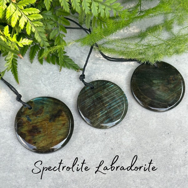 Spectrolite Labradorite Round Pendant Necklace - Handmade - Adjustable Natural Cord
