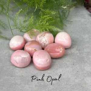 Peut inclure: Plusieurs pierres d'opale rose polies, de formes ovales et lisses, aux nuances de rose et de rose. Elles présentent une finition brillante. Le texte "Pink Opal" est écrit en cursive en bas de l'image. Du feuillage vert est en arrière-plan.