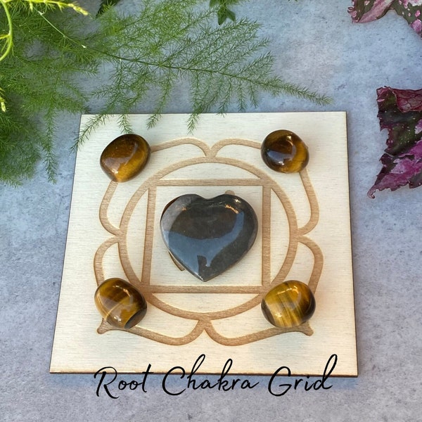 Root Chakra Mini Crystal Grid - 11cm - Volledige Set - Polychrome Jasper &Tiger Eye