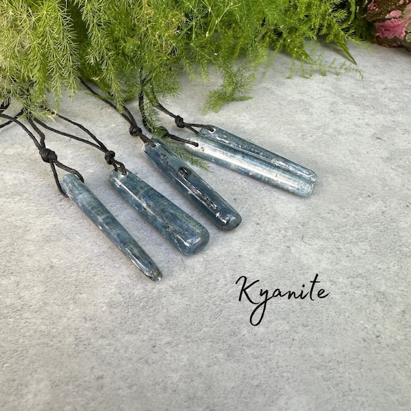 Blue Kyanite Pendant Necklace - Handmade - Adjustable Natural Cord