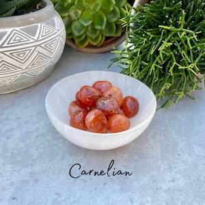 Może przedstawiać: Biała miseczka z selenitu wypełniona polerowanymi kamieniami karneolu. Kamienie są intensywnie pomarańczowe i ułożone w stos w środku miseczki. Miseczka stoi na jasnoszarym podłożu. Słowo "Karneol" jest napisane czarnym kolorem pod miseczką.