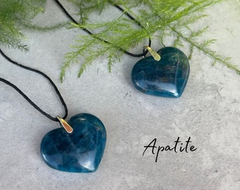 Apatite Polished Heart Necklace - Handmade - Sterling Silver & Adjustable Natural Cord