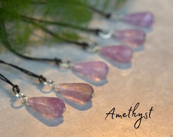 Amethyst Polished Pendant Necklace - Handmade - Sterling Silver - Adjustable Natural Cord
