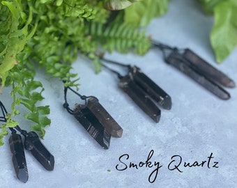 Smoky Quartz Raw Point Necklace - Handmade - Adjustable Natural Cord