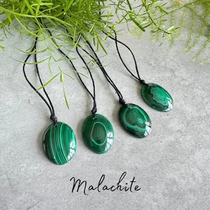 Malachite Polished Oval Pendant Necklace - Crystal Necklace - Natural Cord