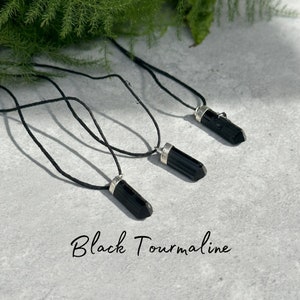 Black Tourmaline Necklace - Handmade - Adjustable Natural Cord & Sterling Silver