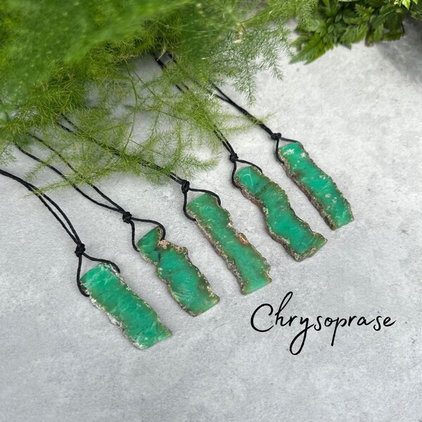 Chrysoprase Raw Pendant Necklace - Handmade - Adjustable Natural Cord