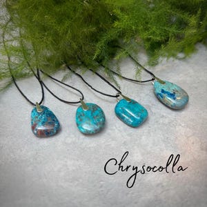 Chrysocolla Polished Pendant - Handmade Sterling Silver Bail - Natural Cord - Adjustable Necklace