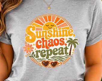 Sunshine Chaos Repeat Shirt, Summer Beach Graphic Tee, Retro Vacation T-Shirt, Coastal Summer Shirt, Beach Lover Tee, Mom Summer Outfit