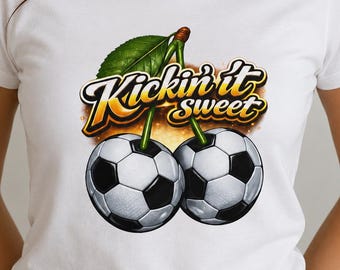 Kickin' It Sweet Soccer Mom Shirt, Soccer Game Tee, Soccer Cherry Graphic T-Shirt, Sports Mom Gift, Youth Soccer Fan Tee