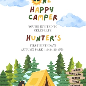 Editable digital birthday party invitation, digital download, first birthday invitation, One happy camper birthday invitations, First bday