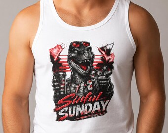 Unisex Sinful Sunday Dinosaur Tank Top, Rex Tank Top, TRex Tank top, Summer Dinosaur Tank top, Humor Dinosaur Tank Top, Dinosaur Humor Shirt