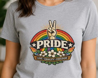 Camiseta Unissex com Símbolo da Paz e Orgulho LGBTQ+, Camiseta Orgulho LGBTQ+, Camiseta Amor Igualdade Liberdade, Camiseta Parada Gay, Presente Inclusivo para o Mês do Orgulho, Camiseta Arco-Íris