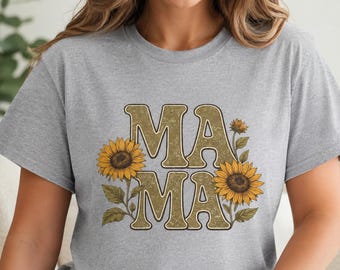 Camiseta Unissex "Mamãe" com Girassol, Camiseta Floral para Mamãe, Camiseta Retrô para Mãe, Presente para o Dia das Mães, Camiseta Boho para Mãe, Camiseta com Estampa de Girassol