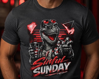 Camiseta regata unissex "Sinful Sunday" com estampa de dinossauro, regata Rex, regata T-Rex, regata de dinossauro para o verão, regata de dinossauro com humor, camiseta com humor de dinossauro