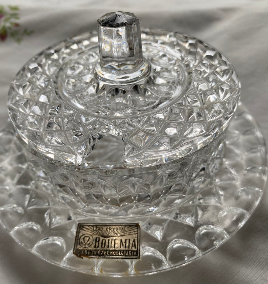 A Vintage Bohemian Crystal Butter Dish, Uniquely Design With a Saucer