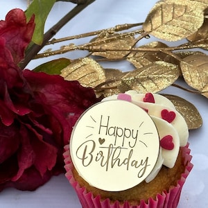 Acrylic Happy Birthday Cake Cupcake Disc Topper. Happy Birthday Acrylic Topper Charm. 1st Mothers Day. Gold. Silver. Rose Gold.