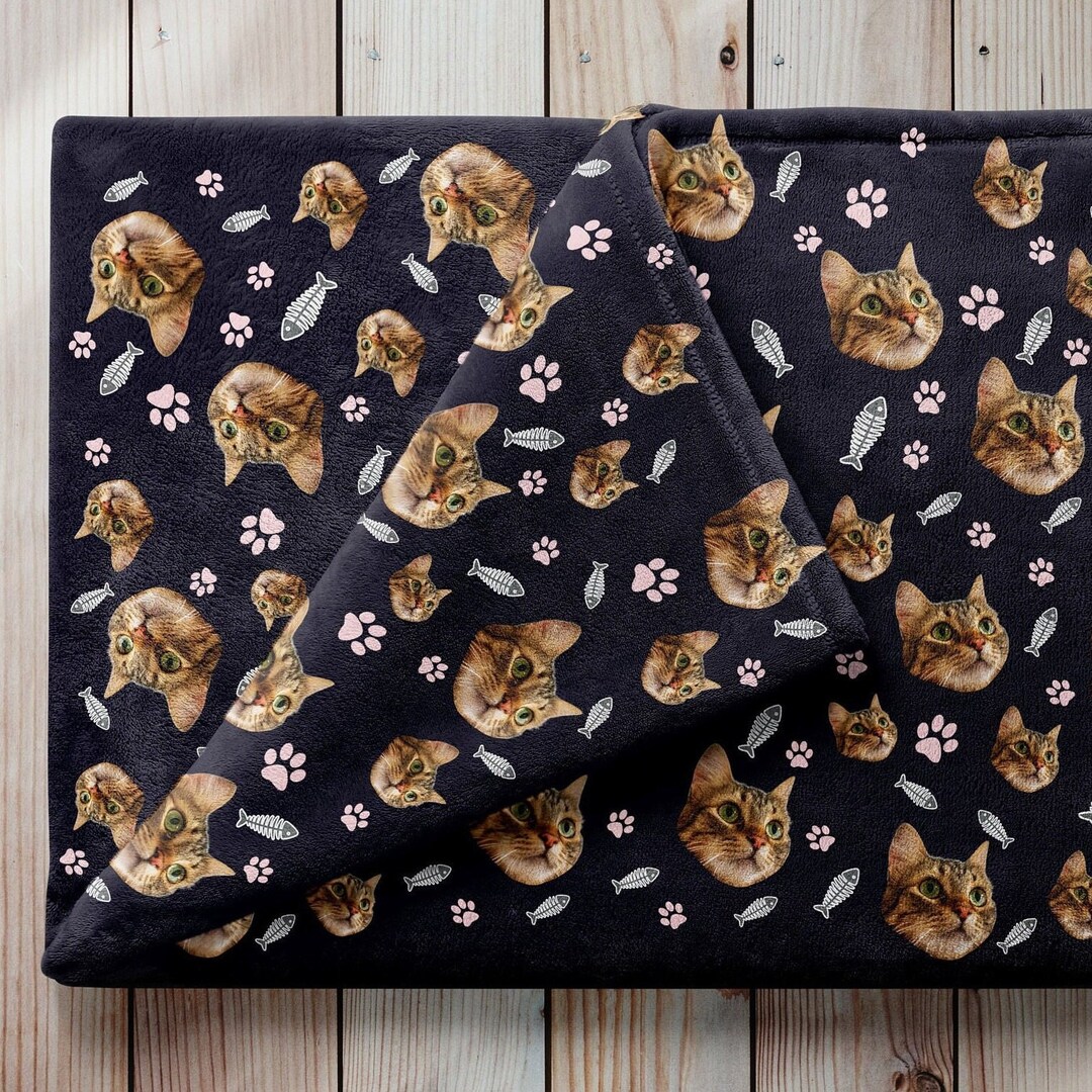 Custom Cat Face Blanket, Personalized Cat Lover Sofa Throw, Paws and Fishbones Fleece, Cat Photo