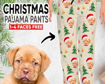 Custom Dog Christmas Pajama Pants, Dog Face with Christmas Hat Pajamas, Santa Dog Photo Pajamas, Pet on Pajamas, Funny Santa Claus Cat Pjs