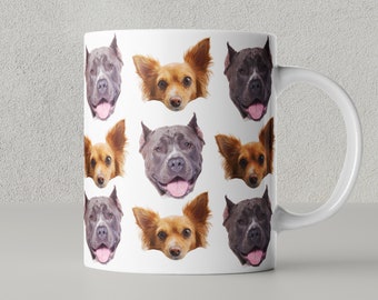 Custom Coffee Mug with Dogs Heads Hearts and Bones, Personalised Pet Faces Mug, Funny Mug for Dog Lovers, Custom Photo Mug