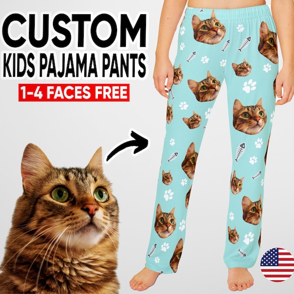 Kids Custom Cat Pajama Pants, Cat Face on Pajamas, Funny Custom Photo Pajamas for Kids, Pj's with Cat Heads and Fishbones, Personalized Gift