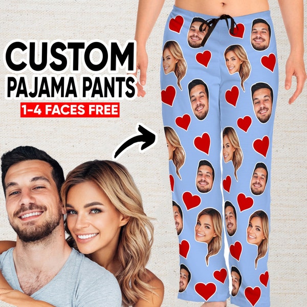 Couple Faces Pajama Pants, Funny Personalized Heart Pjs, Custom Anniversary Gift, Photo Pajamas for Him, Girlfriend Face on Pajama Pants