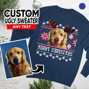 Rudolph Ugly Christmas Sweatshirt, Custom Ugly Christmas Sweater, Dog Photo Pullover, Dog Reindeer Personalised Jumper, Ugly Sweater Day