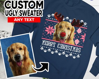 Custom Dog Photo Ugly Christmas Sweatshirt: Personalized Reindeer Jumper