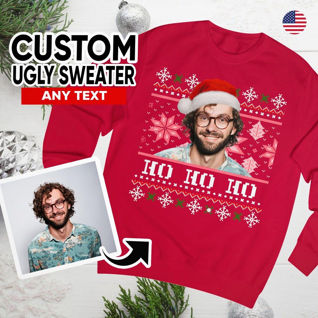 Custom Ugly Christmas Sweater, Photo Christmas Sweatshirt, Personalised Face Pullover, Santa Hat ...