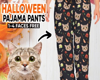 Custom Cat Halloween Sleep Pants, Personalized Pet Face Pajama Pants, Cat Photo Pajama Pants, Dog Face on Pajamas, Cat Face on Pjs