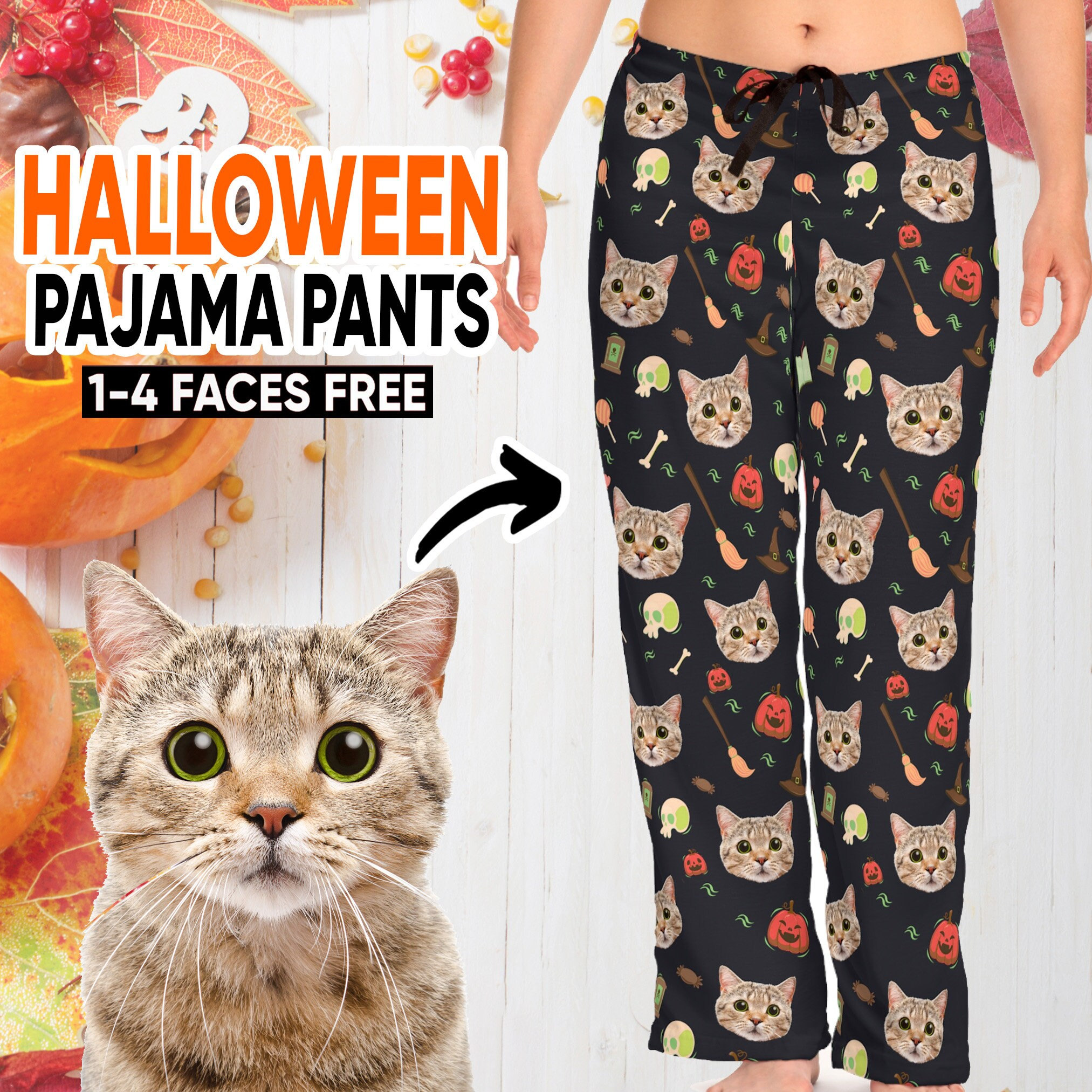 Custom Cat Halloween Sleep Pants Personalized Pet Face Pajama Pants Cat Photo Pajama Pants Dog Face on Pajamas Cat Face on Pjs Etsy