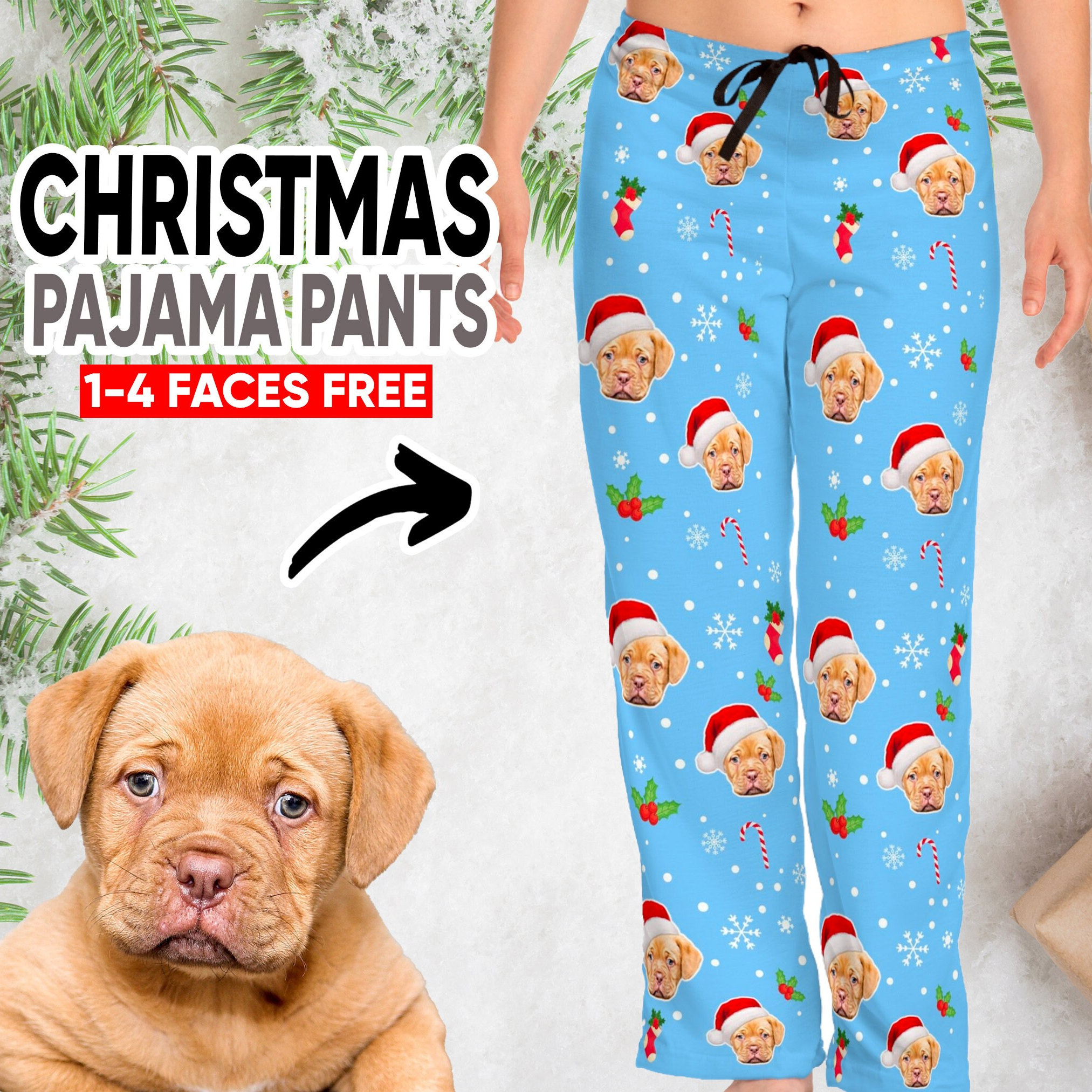 Dog Face Custom Christmas Pajama Pants, Personalized Cat Photo