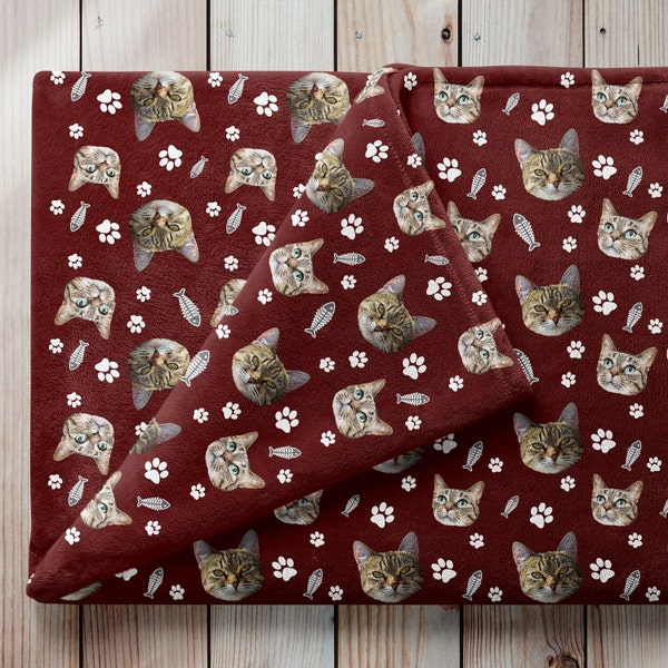 Custom Cat Face Blanket, Personalized Cat Lover Sofa Throw, Paws and Fishbones Fleece, Cat Photo Bedcover, Funny Cat Blanket, Pet Face Gift