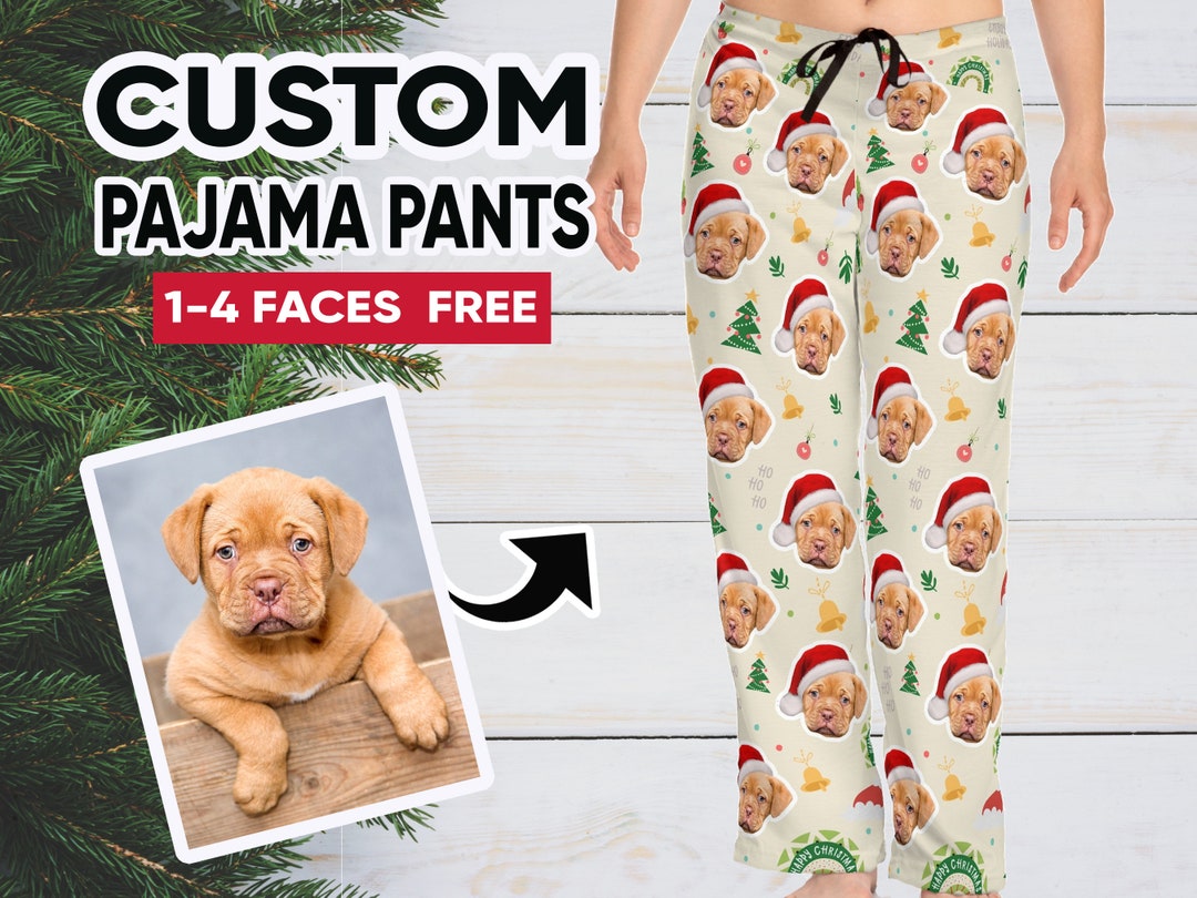 Custom Dog Christmas Pajama Pants Dog Face With Christmas Hat Etsy