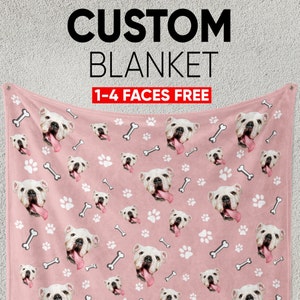 Personalized Dog Face Blanket, Custom Dog Lover Sofa Throw, Paws and Bones Fleece, Dog Photo Bedcover, Funny Dog Blanket, Pet Faces Gift