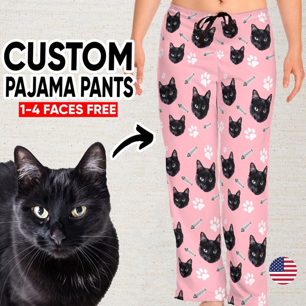 Personalized Cat Face Pajama Pants, Cat Picture on Pajamas, Custom Photo Pajamas, Cat Paws and Fishbones Pjs, Cat Lover Gift, Pet on Pajamas