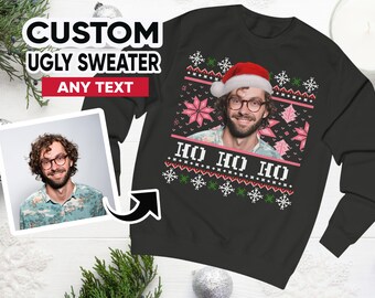 Custom Ugly Christmas Sweater, Photo Christmas Sweatshirt, Personalised Face Pullover, Santa Hat Ugly Sweatshirt, Face on Christmas Sweater