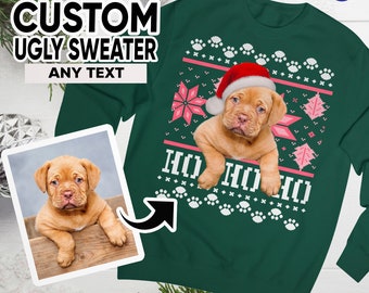 Ugly Christmas Sweatshirt, Custom Ugly Sweater for Christmas, Santa Dog on Christmas Sweater, Personalised Face Pullover, Santa Hat on Dog