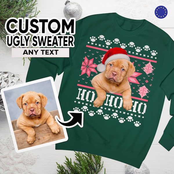 Sweat-shirt moche de Noël, pull moche personnalisé pour Noël, père Noël sur pull de Noël, pull visage personnalisé, bonnet de Noel pour chien