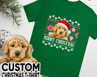 Custom Ugly Christmas Shirt, Dog Photo Christmas Tee, Personalised Dog Face Tshirt, Santa Hat Photo Shirt, Dog on Christmas Shirt, Santa Dog
