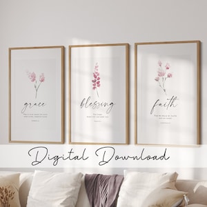 Christian Scripture Prints: Grace, Blessing, Faith Floral Wall Art (Digital Download)