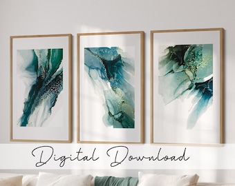 DIGITAL DOWNLOAD | Green blue abstract | minimalist prints | textured abstract art | alcohol ink | set of three | Printable wall art