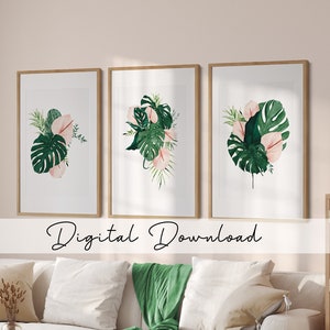 Monstera Lily Watercolor Print Set: Green & Pink Botanicals (Digital Download)