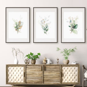 Green botanical print set of 3 | watercolour prints | green gold eucalyptus monstera lily art set | A2 poster
