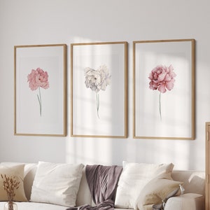 Watercolour blush pink and grey peony | set of three | floral shabby chic prints | pastel minimal botanical art | A2 poster | printable art