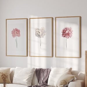Blush pink grey peonies, set of 3, Gift for Her, Minimalist botanical art, home decor, bathroom art, living room print, pink wall art